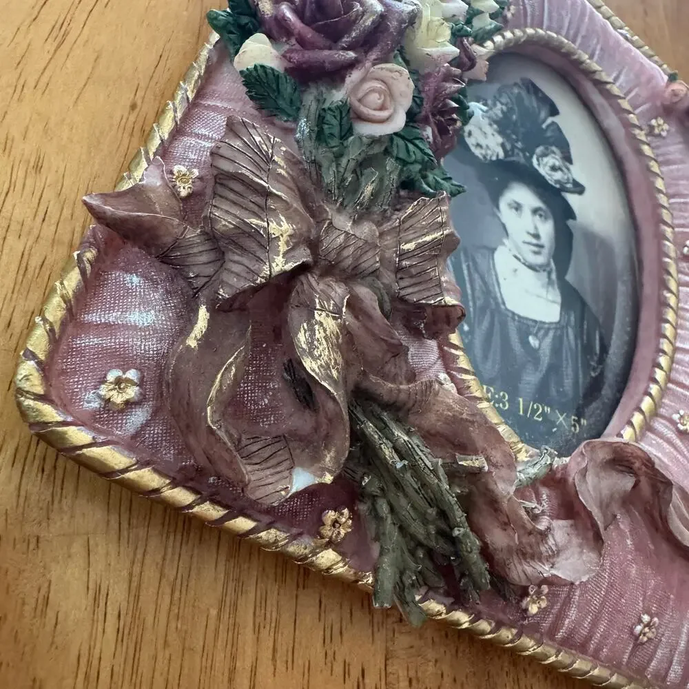 Vintage 1980s Pink 3D Roses Floral Victorian 3 Slot Photo Frame 7x14 Easel Back